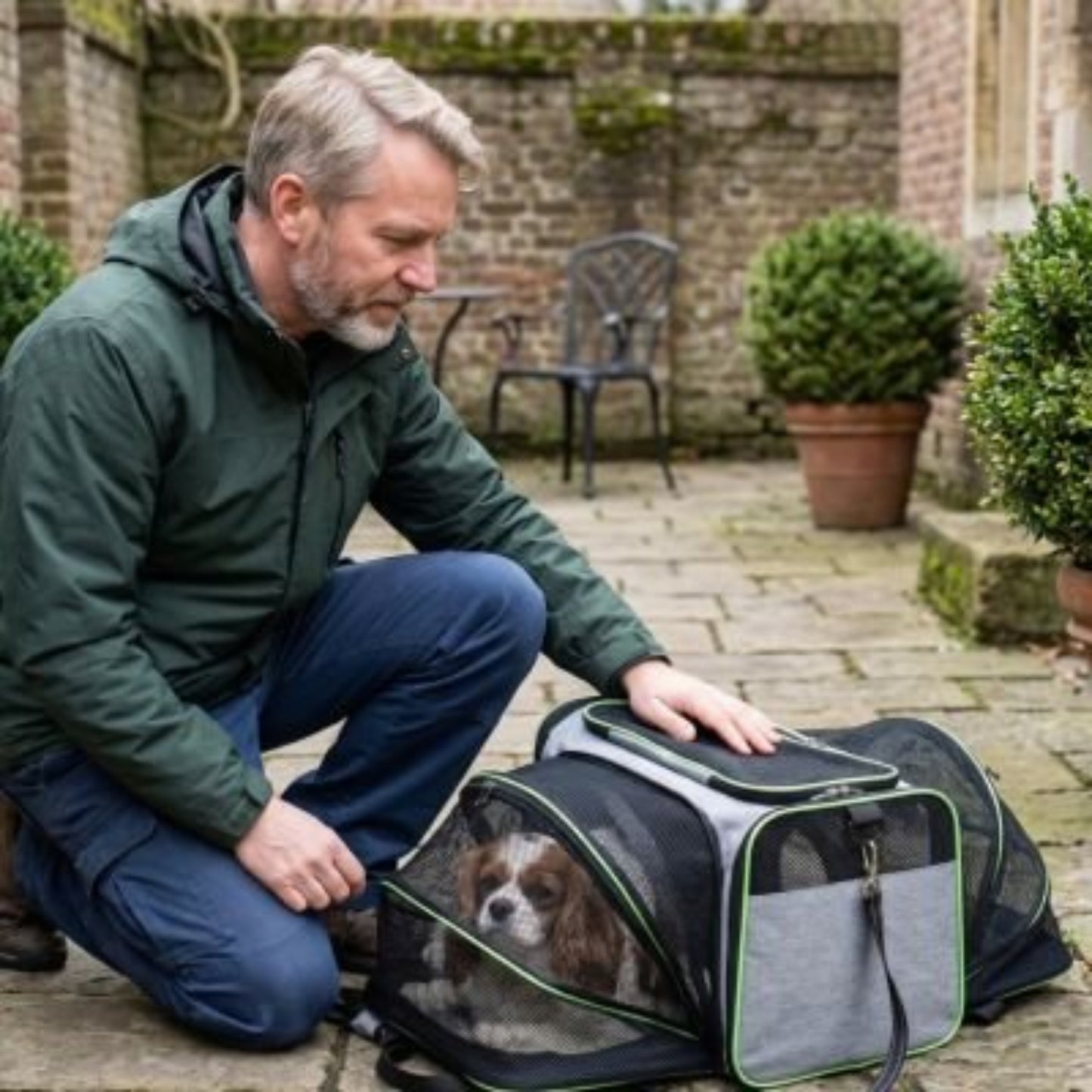 Sac de transport extensible pour chien noir et vert, grande fenêtre en maille à l’avant