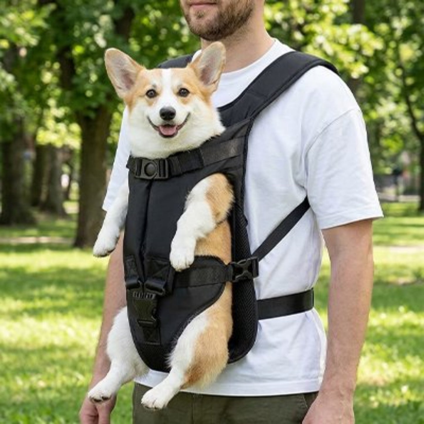 Sac de transport pour chien noir, harnais avant et sangles réglables, ouverture pour la tête.