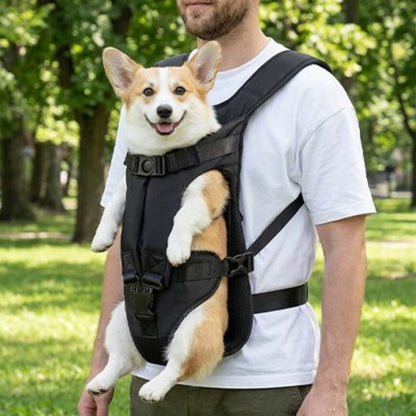 Sac de transport pour chien noir, harnais avant et sangles réglables, ouverture pour la tête.