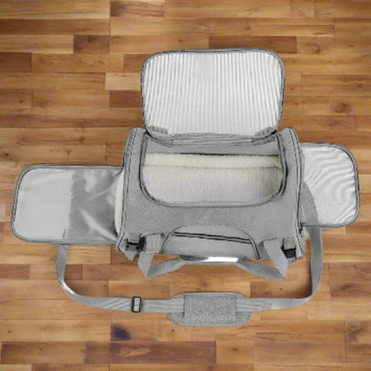 Sac de transport pour chien gris, intérieur rembourré avec panneau de fond rigide