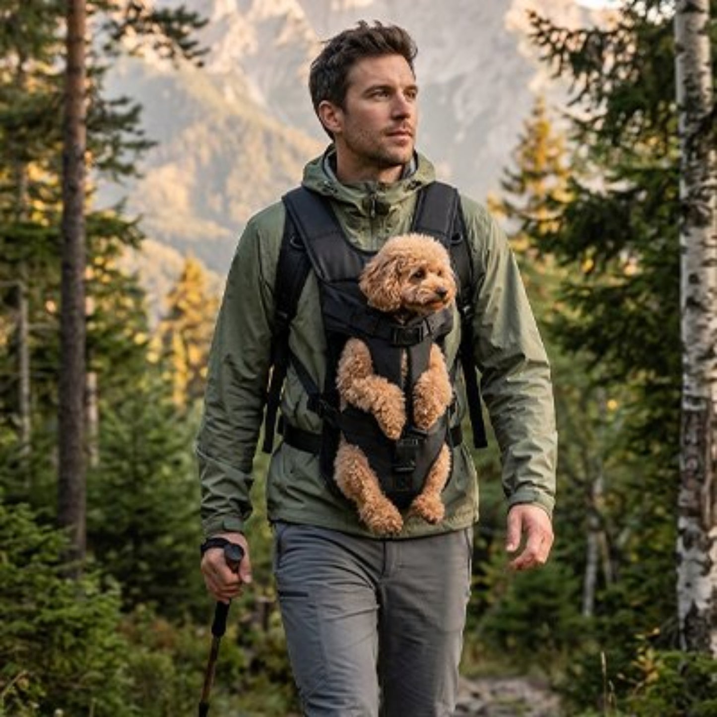 Sac de transport pour chien noir avec harnais intégré, sangles et boucles visibles.