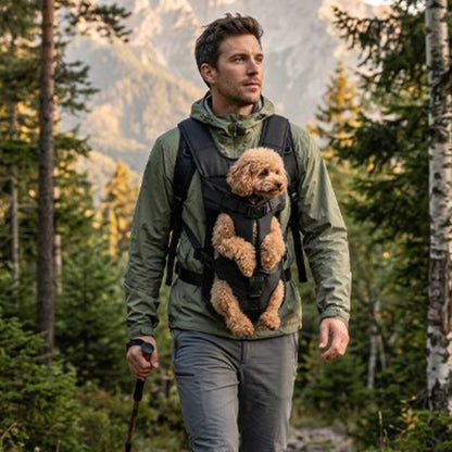 Sac de transport pour chien noir avec harnais intégré, sangles et boucles visibles.