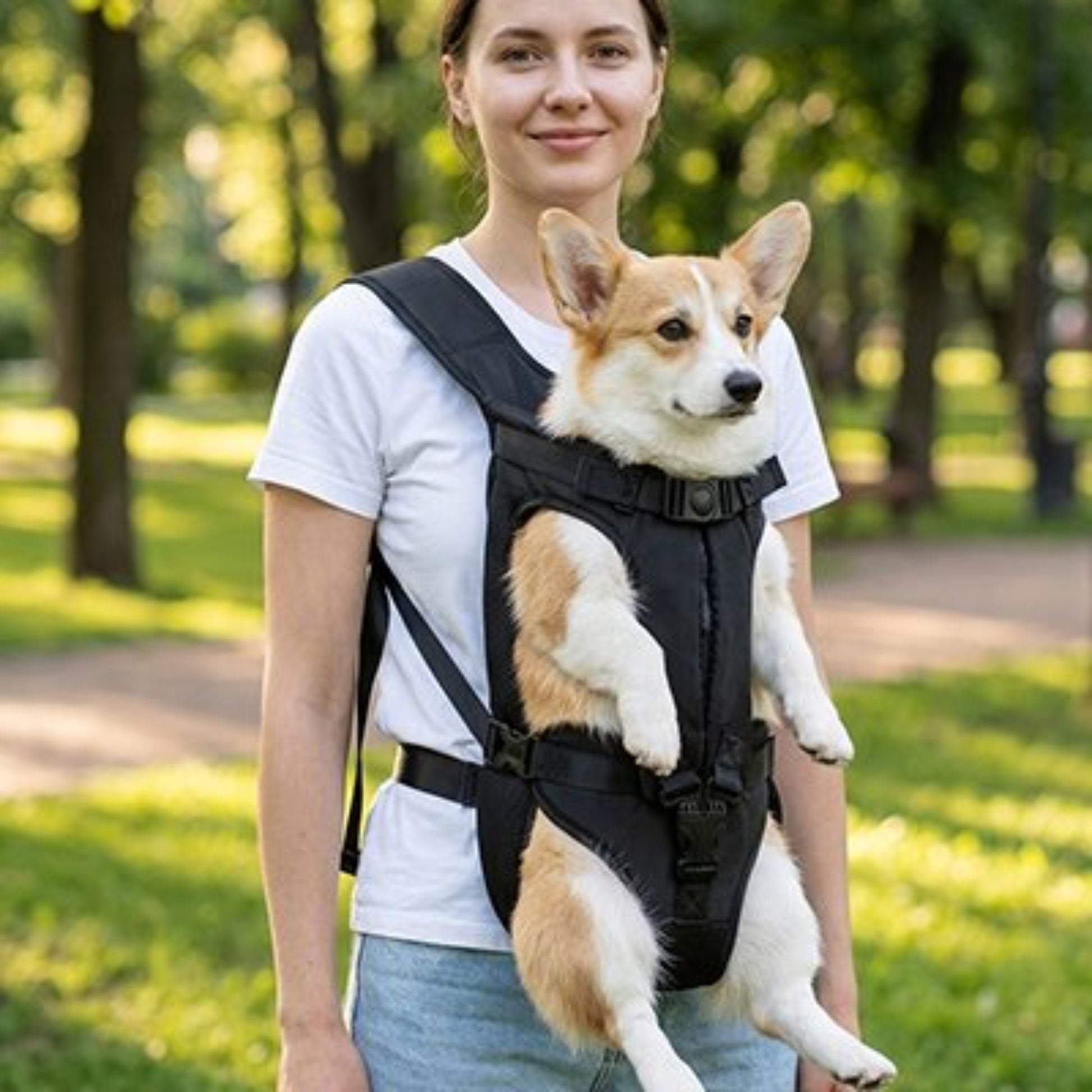Sac de transport pour chien noir porté, poches et sangles ajustables, boucles visibles.