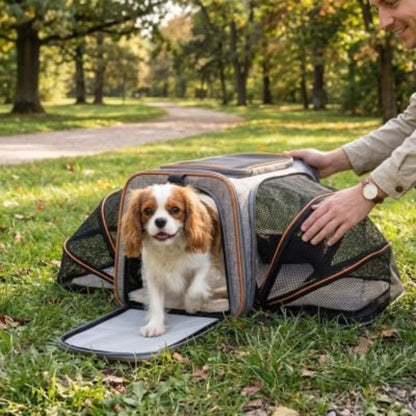 Sac de transport extensible pour chien gris foncé, ouverture frontale et tapis de sol