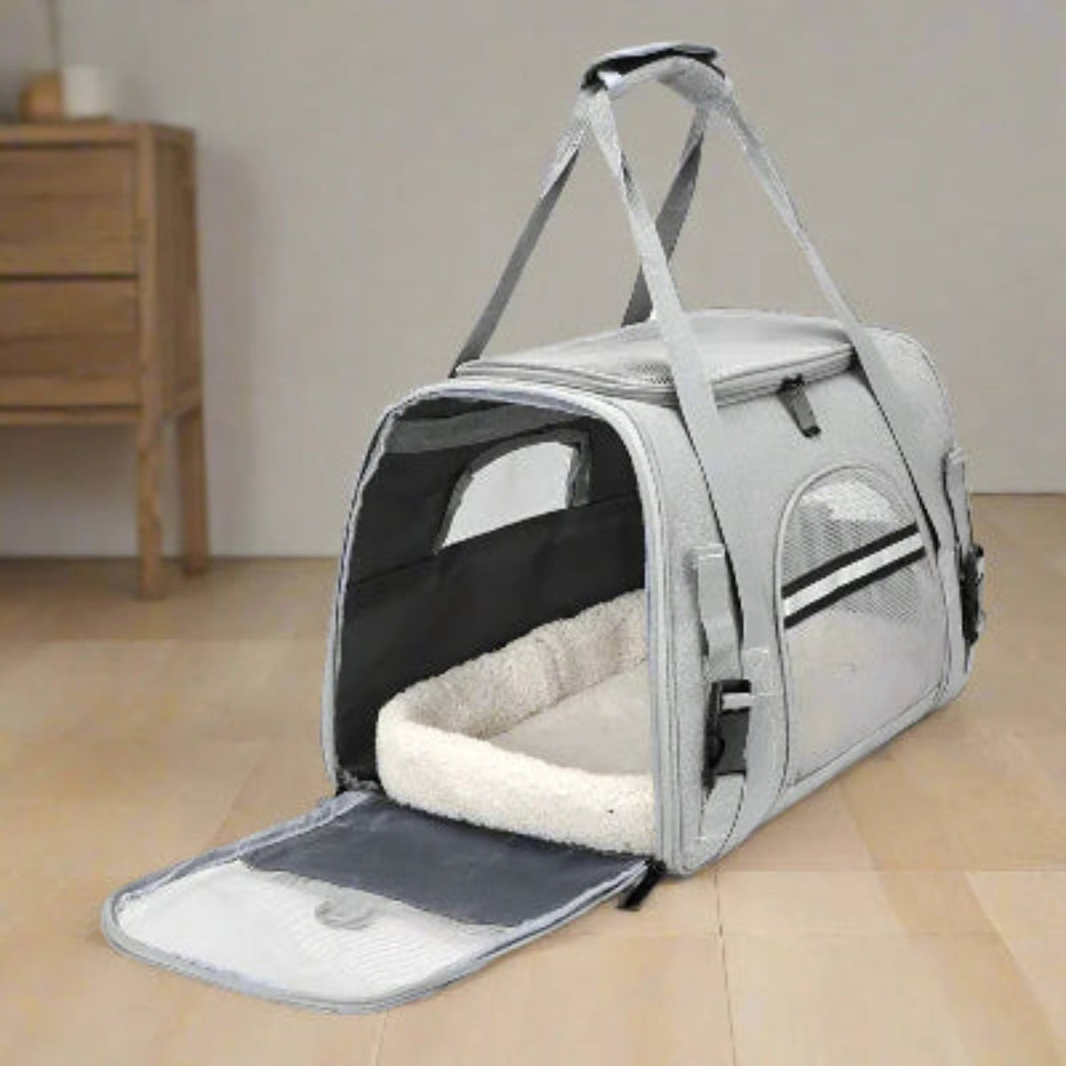 Sac de transport pour chien gris avec porte avant et tapis rabattable