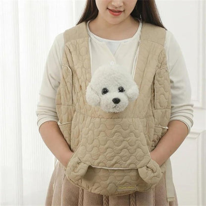 Sac de transport pour petit chien beige matelassé, sangle et ouverture avant.