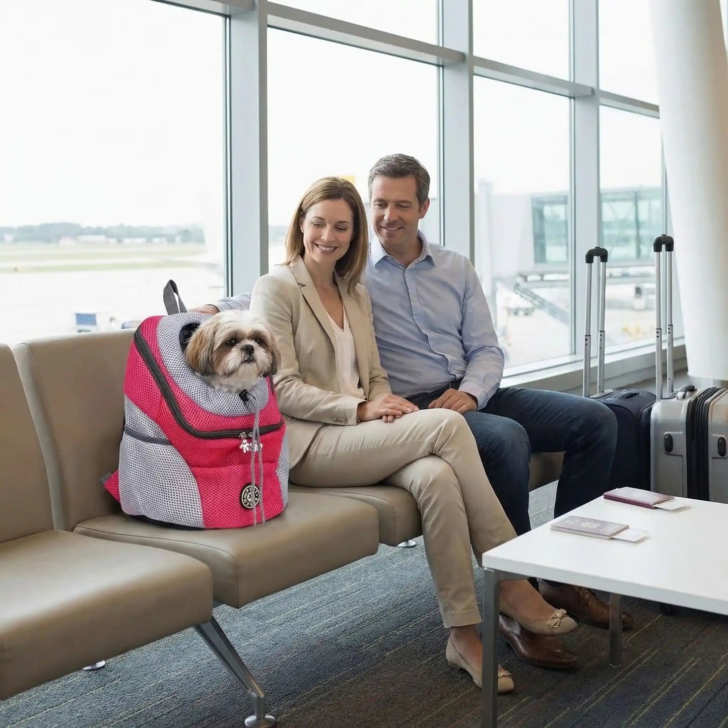 Sac pour chien cabine bleu à maille grise, porté en voyage avec petit chien