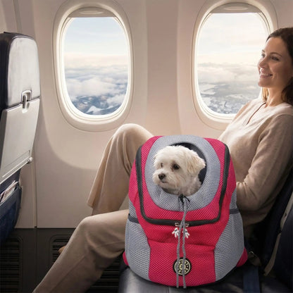 Sac pour chien cabine rose et gris, ouverture ronde et fermeture à cordon, en avion