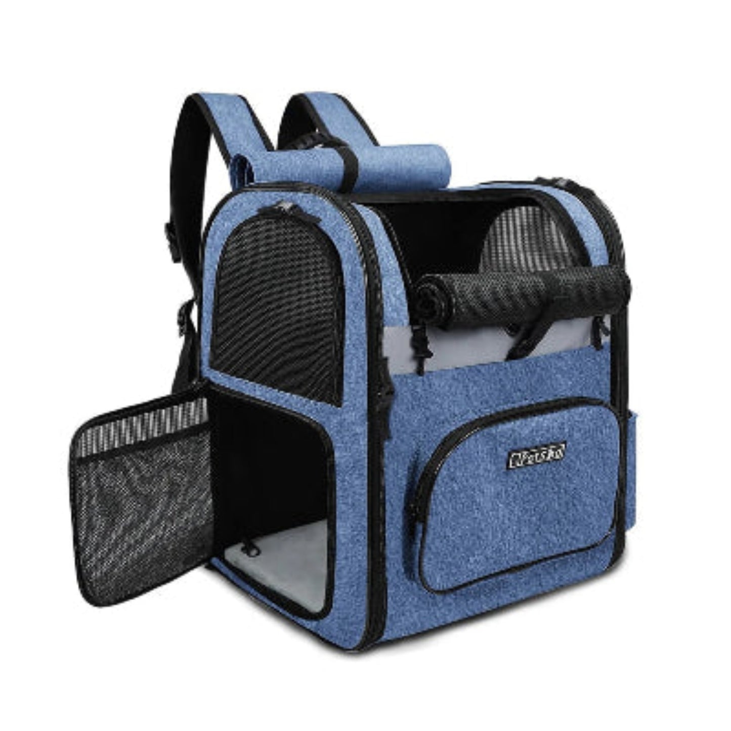Sac de transport pour chien bleu ciel, parois rigides et panneau en maille noire