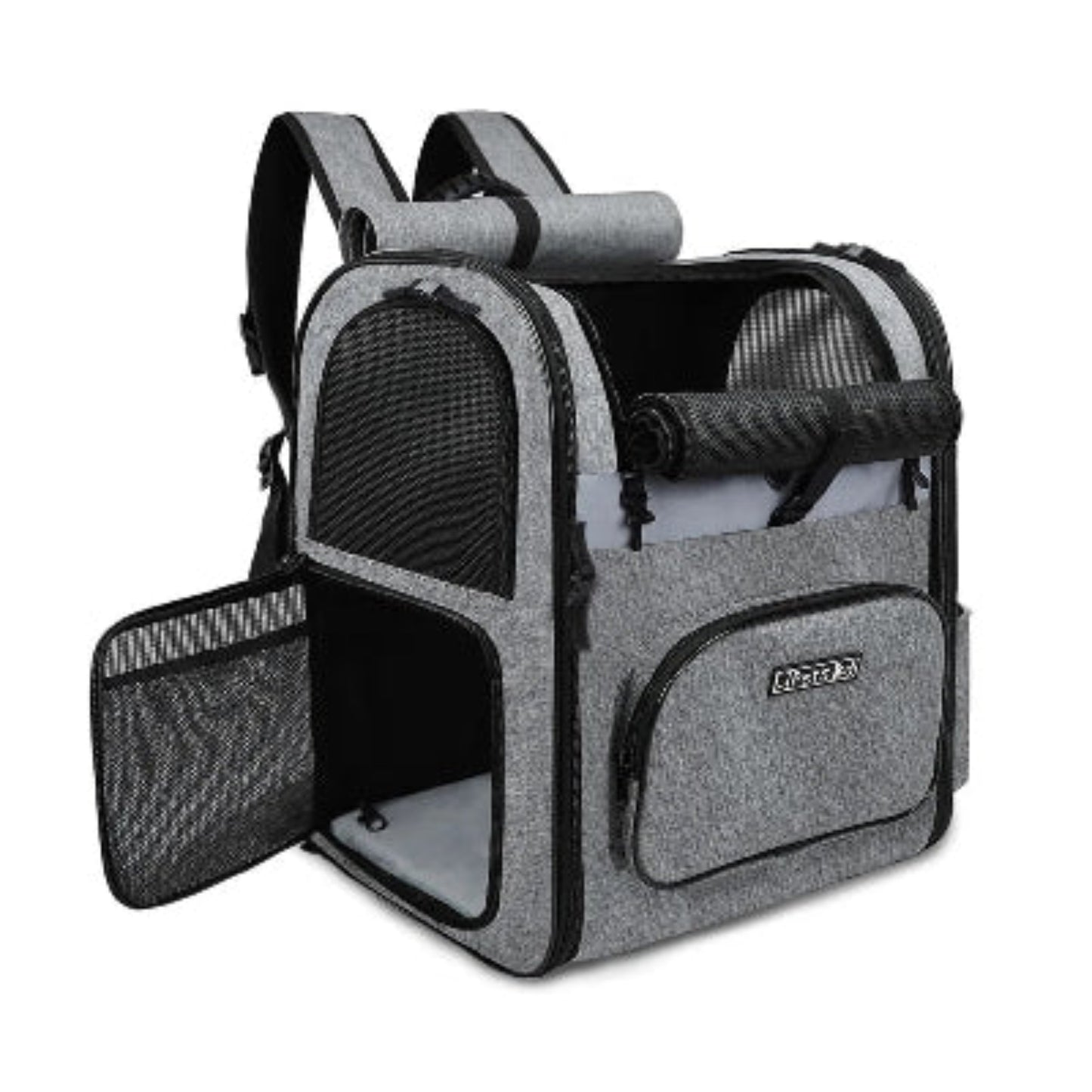 Sac de transport pour chien gris, parois rigides et panneau en maille noire