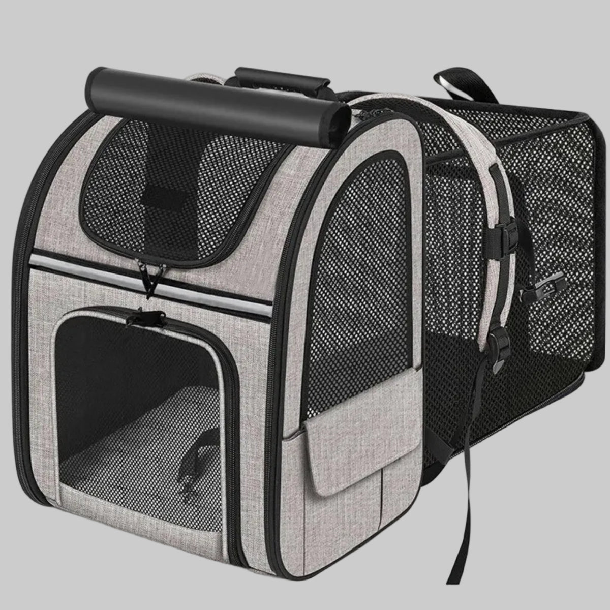 Sac de transport pour chien à structure indéformable, gris clair et noir, hublots en filet
