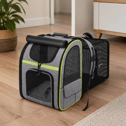 Sac de transport pour chien à parois rigides, noir et gris, fenêtres en mesh et attaches