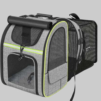 Sac de transport pour chien rigide, gris chiné, liserés vert fluo, hublots en mesh