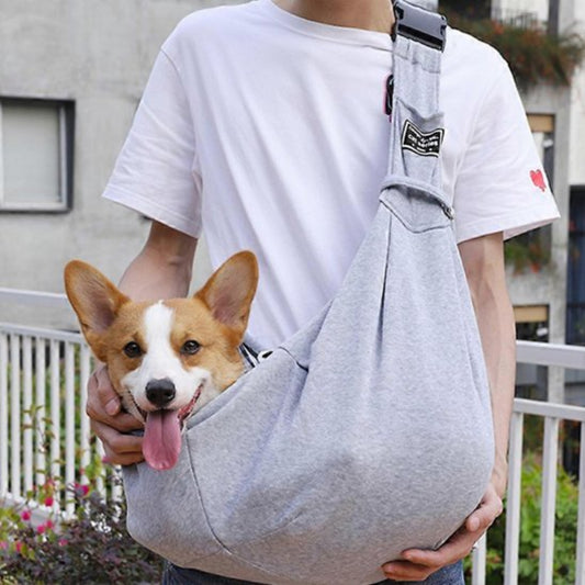 Sac de transport bandoulière pour chien gris chiné, bandoulière réglable et poche