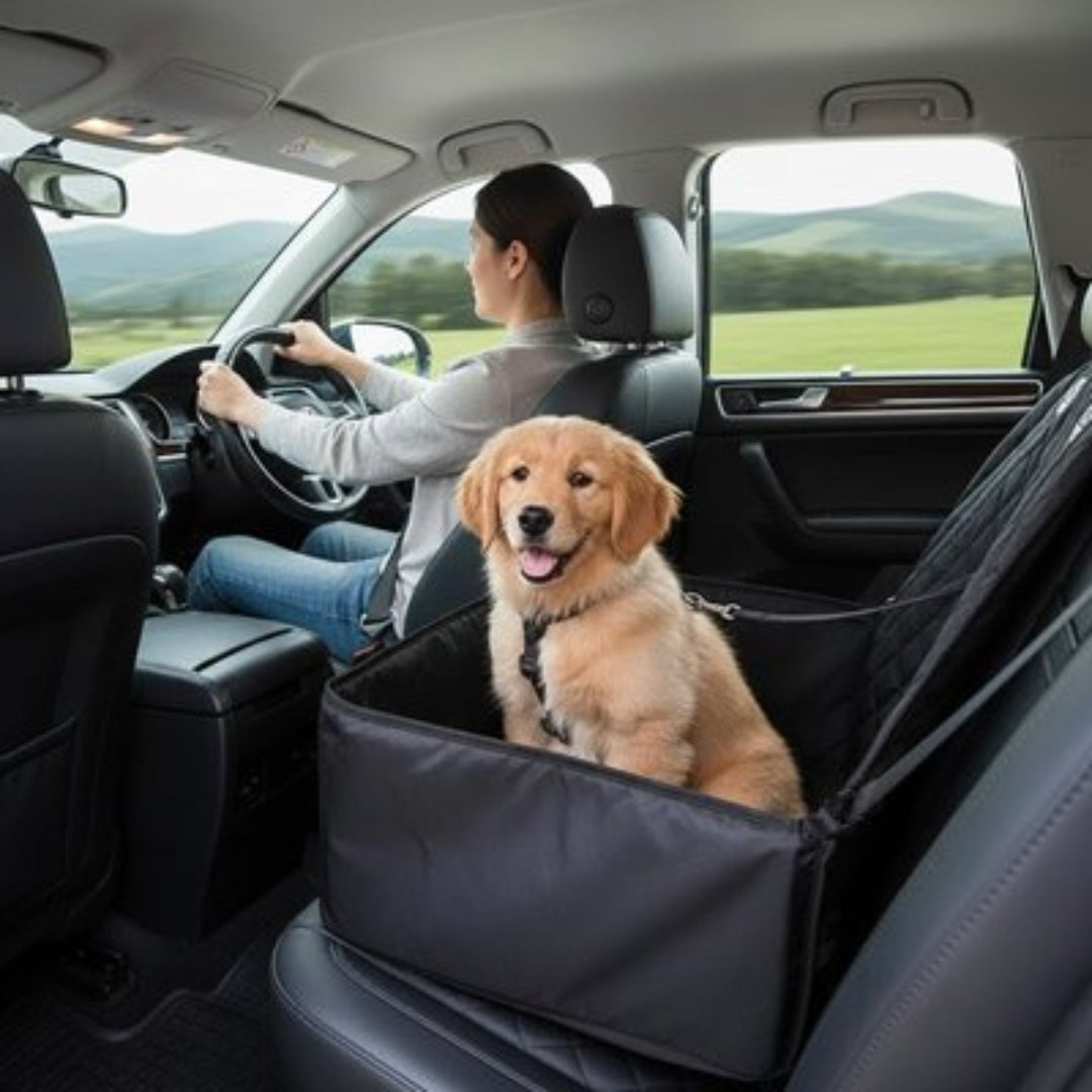 Sac de transport pour chien en voiture noir, chien assis au centre, parois hautes