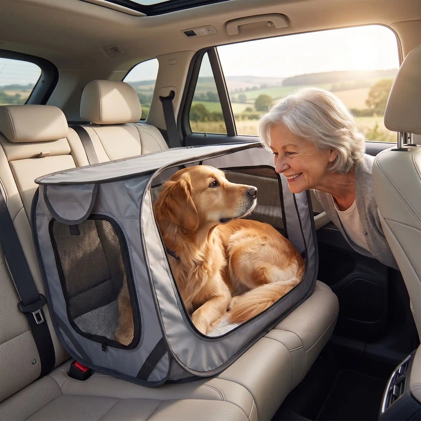 sac transport chien voiture mamie heureuse golden blond