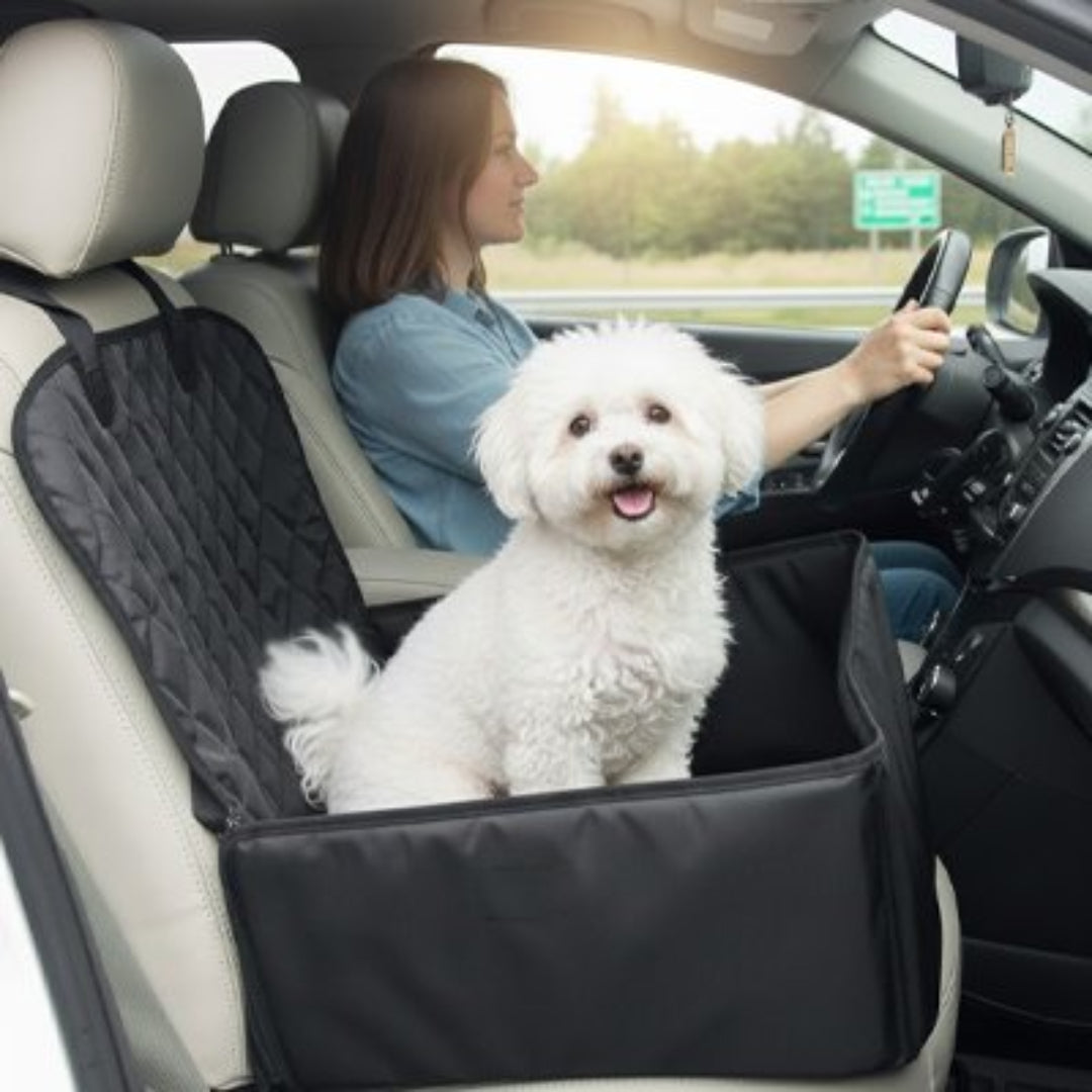 Sac de transport pour chien en voiture noir, chien blanc assis, ouverture rectangulaire