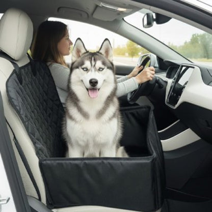 Sac de transport pour chien en voiture noir, chien husky gris et blanc, parois souples