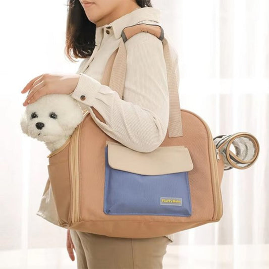 Sac de voyage pour chien camel, pochette bleue et crème, bandoulière réglable