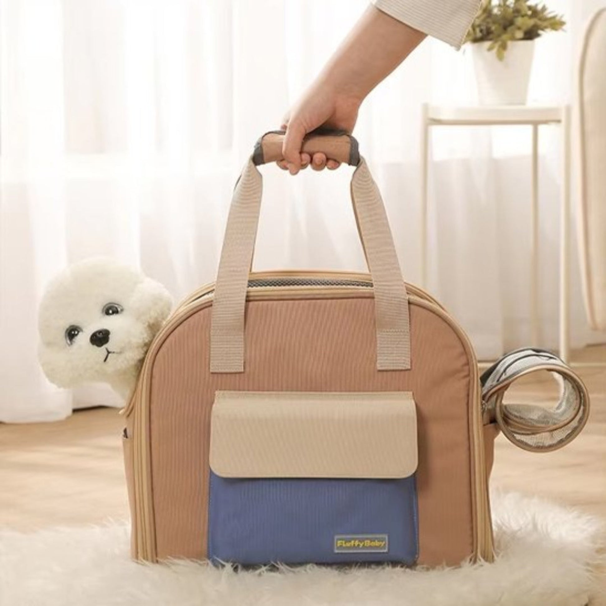 Sac de voyage pour chien camel, grande poche crème et insert bleu, poignée supérieure