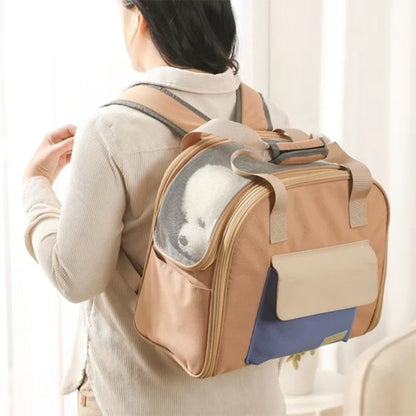 Sac de voyage pour chien beige, poches bleues et crème, bandoulière et fermeture zippée