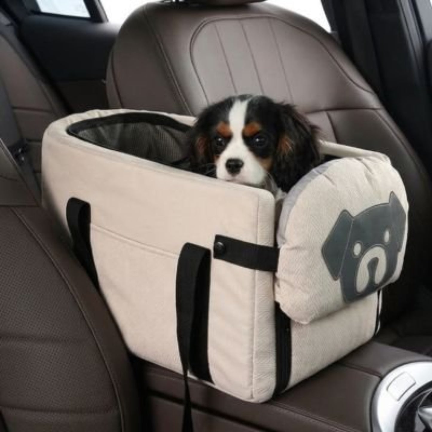 Sac de transport pour chien beige clair avec sangles noires et ouverture rembourrée