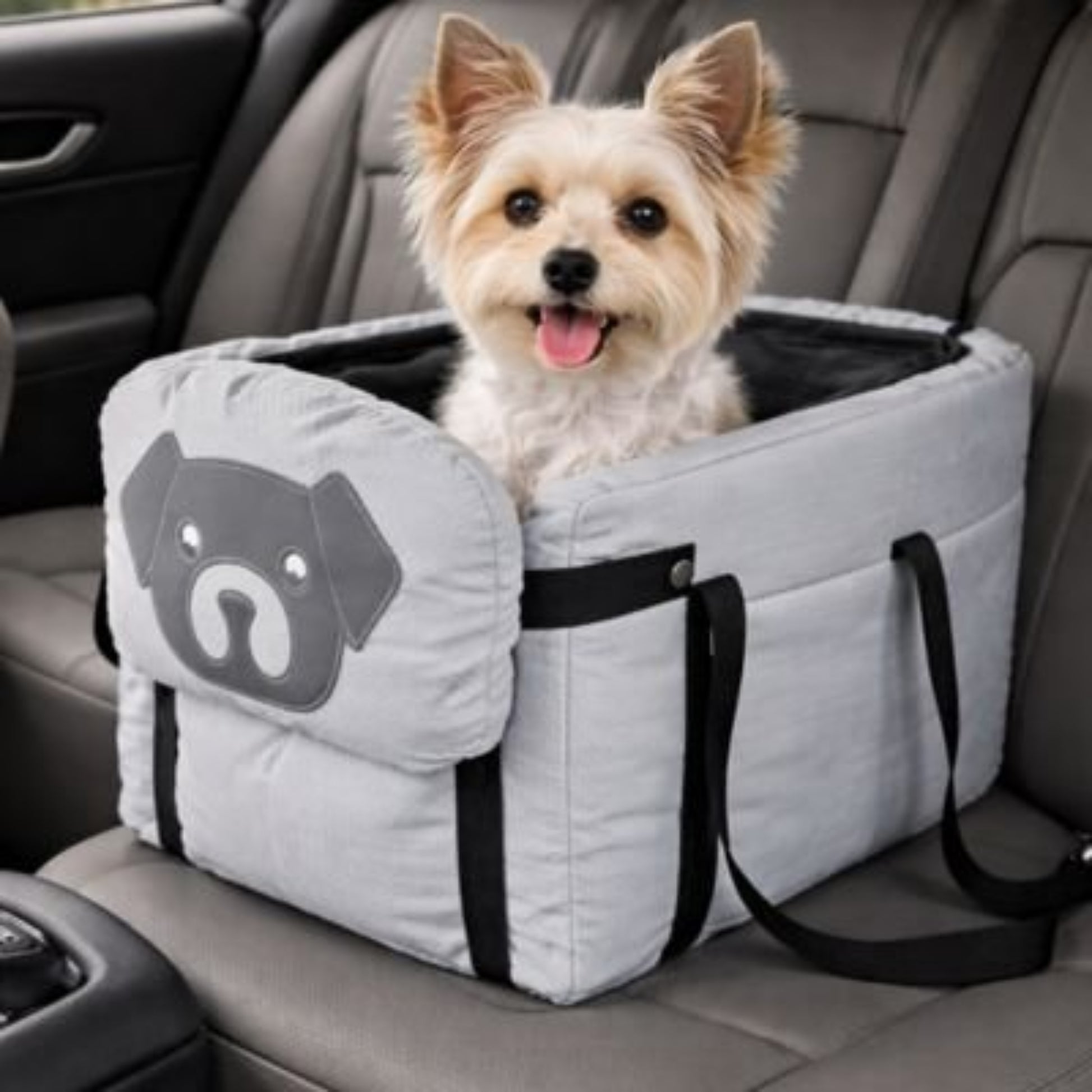 Sac de transport pour chien gris clair, sangles noires et applique tête de chien