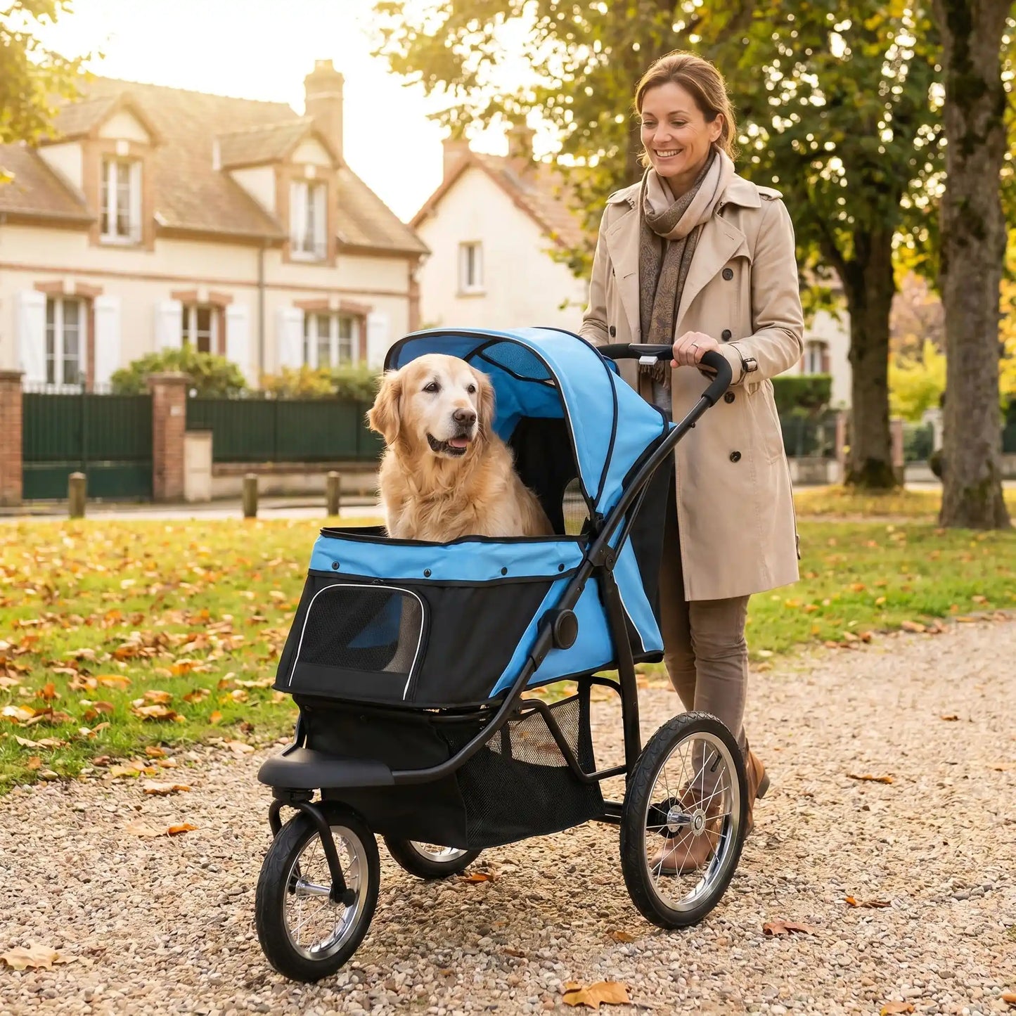 Poussette 3 roues pour chien, structure noire, capote bleue et fenêtre transparente