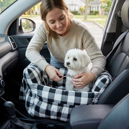 Porte-voyage chien à carreaux noir/blanc, coussin arrondi et rabat sur l’avant