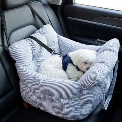 Porte-voyage pour chien rayé bleu, coussin en forme de lit avec sangles