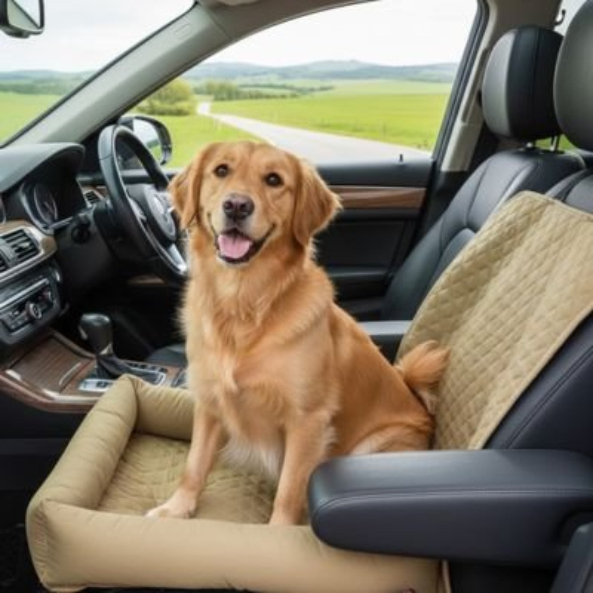 Housse de siège auto pour chien, beige, coussin rembourré avec bords