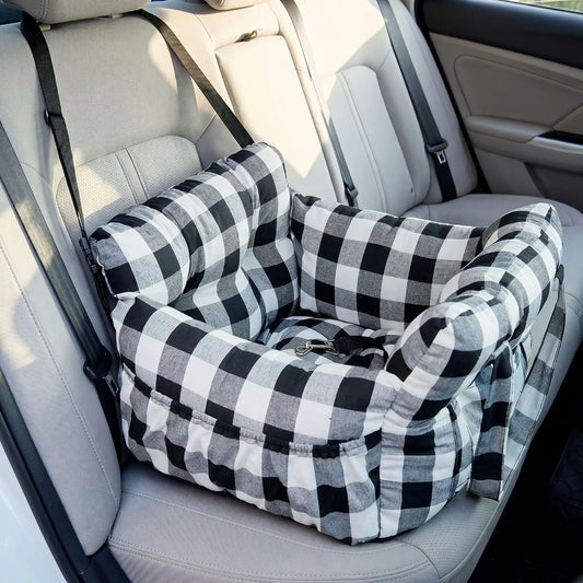 Porte-voyage chien à carreaux noir/blanc, coussin rembourré et sangles