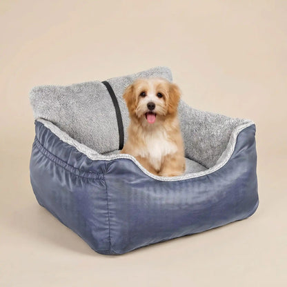 Siège auto pour chien bleu, coussin en peluche grise avec ouverture ronde en bordure