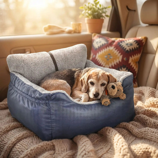 Siège auto pour chien bleu avec bord gris en peluche et ouverture pour la tête