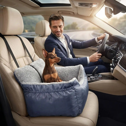 Siège auto pour chien bleu, intérieur gris en peluche, ouverture pour la tête du chien