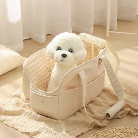 Sac de transport pour chien beige avec ouverture, bandoulière et poignées