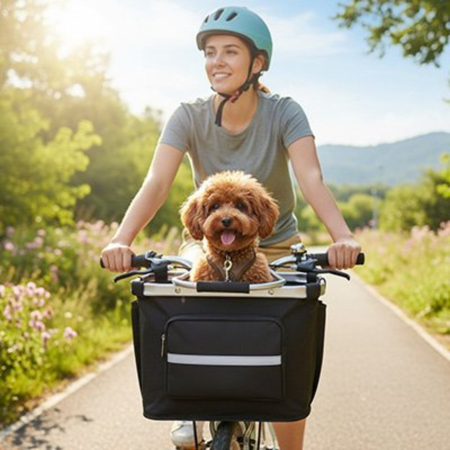 Panier à vélo pour chien noir avec chien dedans, vu de face.