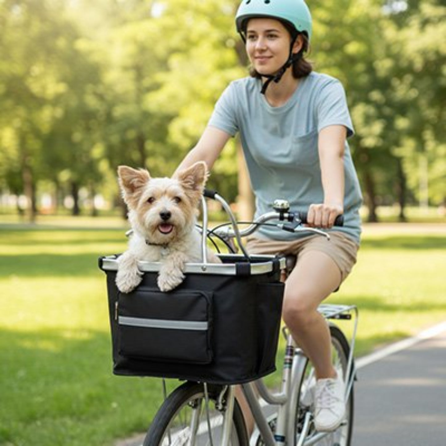 Panier à vélo pour chien noir sur vélo, chien devant dans le panier, en parc.