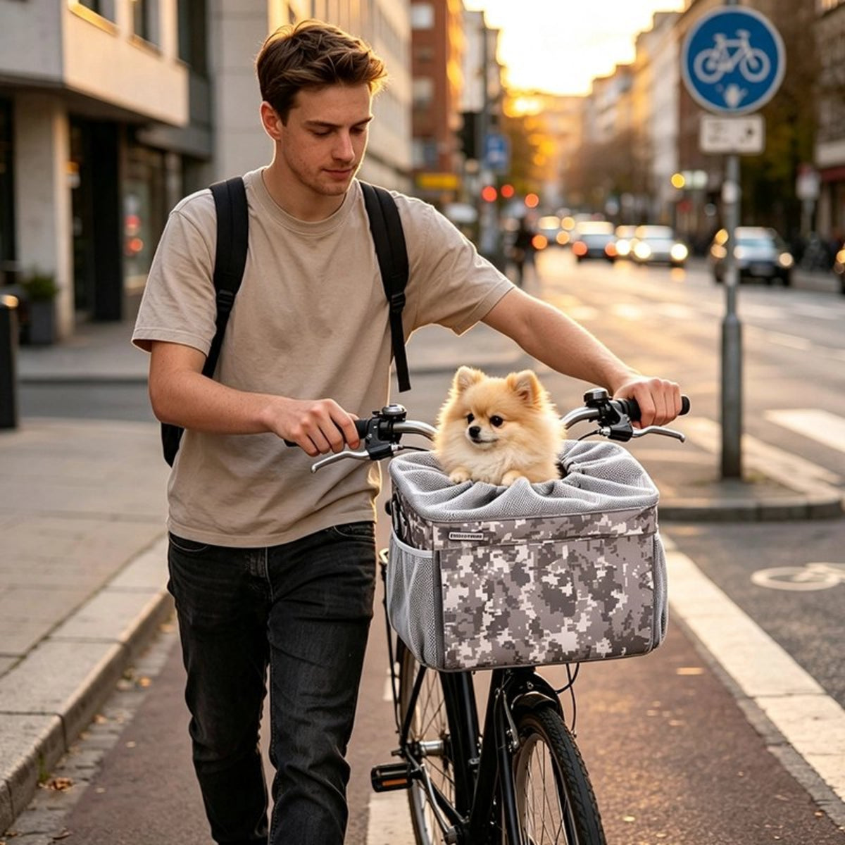 Vélo panier pour Chien garçon marche pour traverser la rue