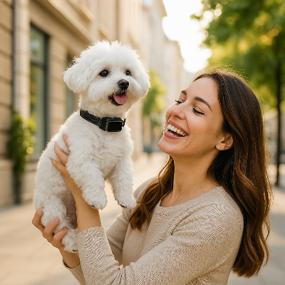 Collier anti-aboiement noir pour petit chien, porté sur le cou, boîtier central discret