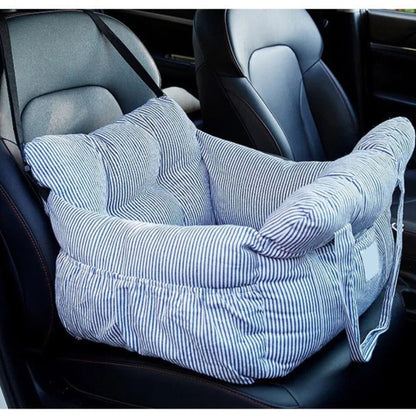 Porte-voyage pour chien rayé bleu, coussin incurvé avec sangles de fixation