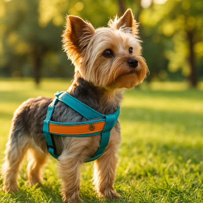 yorkie filou avec son beau harnais chien